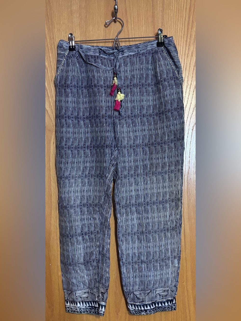 Striped Ankle-Length Drawstring Pants - Blue